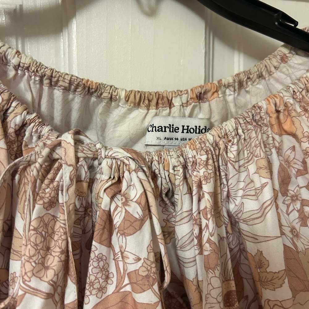 Tan Cream Floral Boho Cotton Draw String Easy Versatile Blouse XL Over Sized